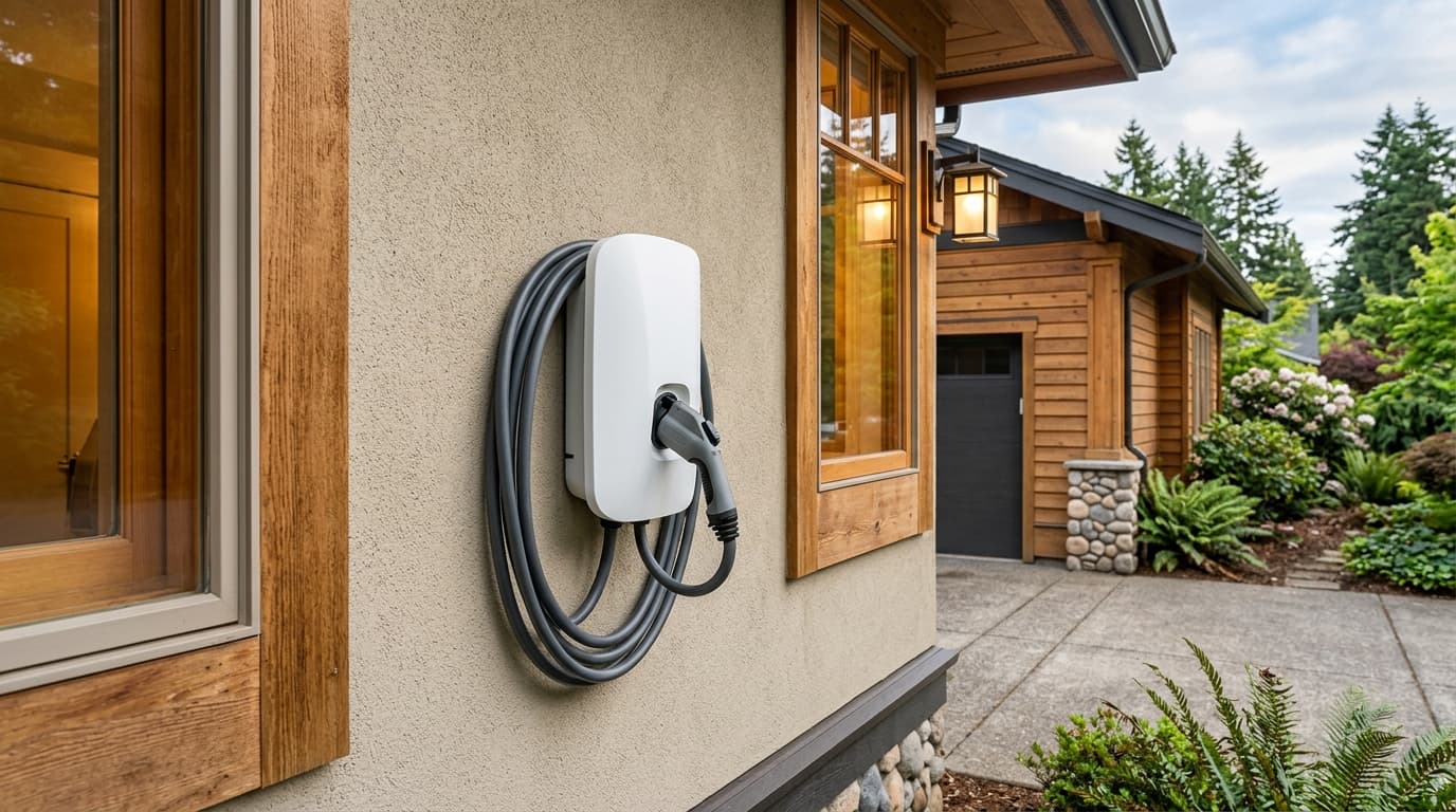 Level 2 EV charger mounted on the exterior wall of a Pacific Northwest home in Vancouver WA during a remodel