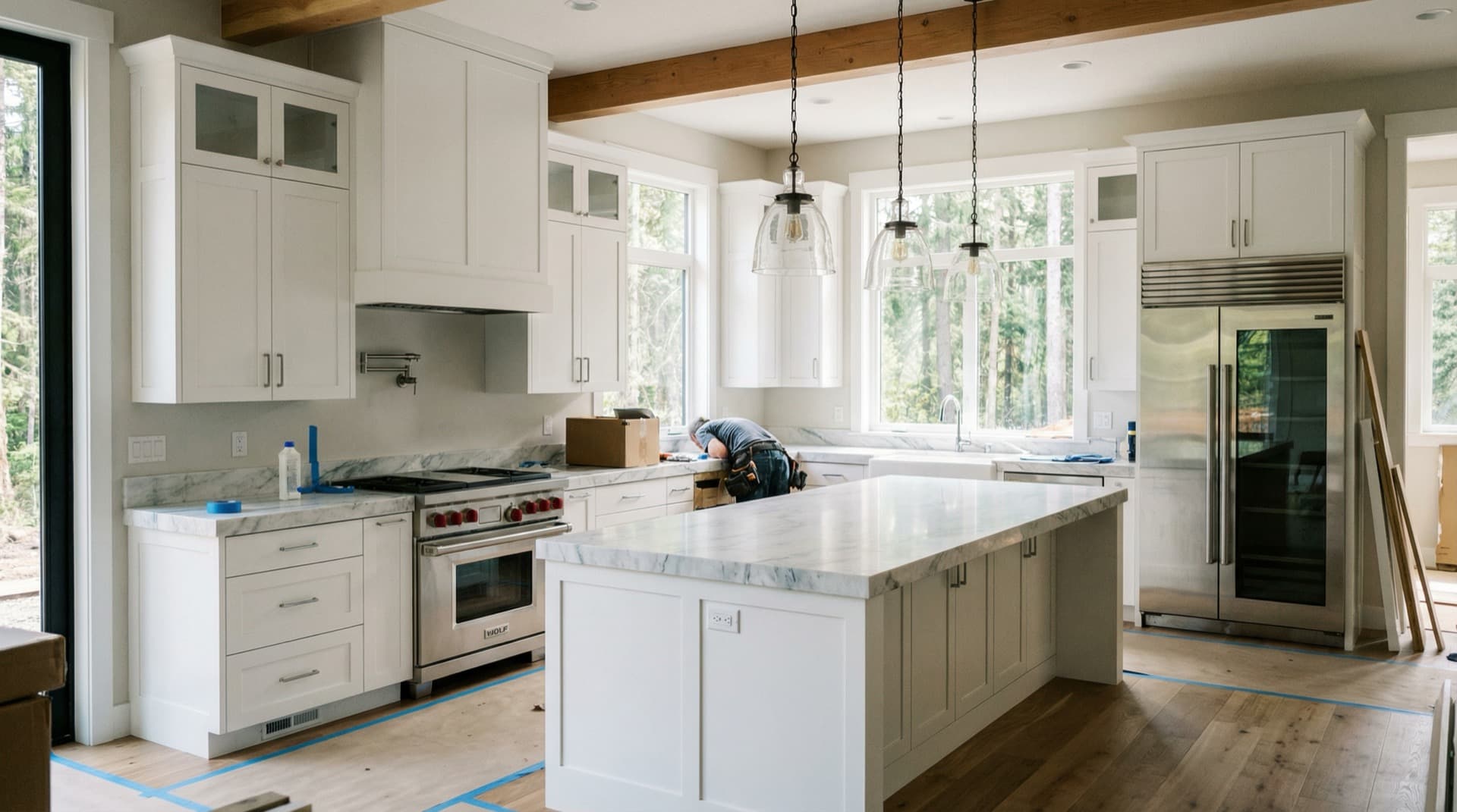 Bright Vancouver, WA kitchen with a Velux vented skylight bringing natural light into the space under an overcast Pacific Northwest sky