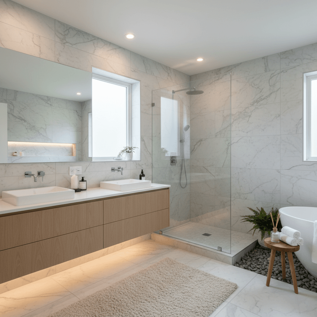 Before: Dated primary bathroom with small shower in Camas home