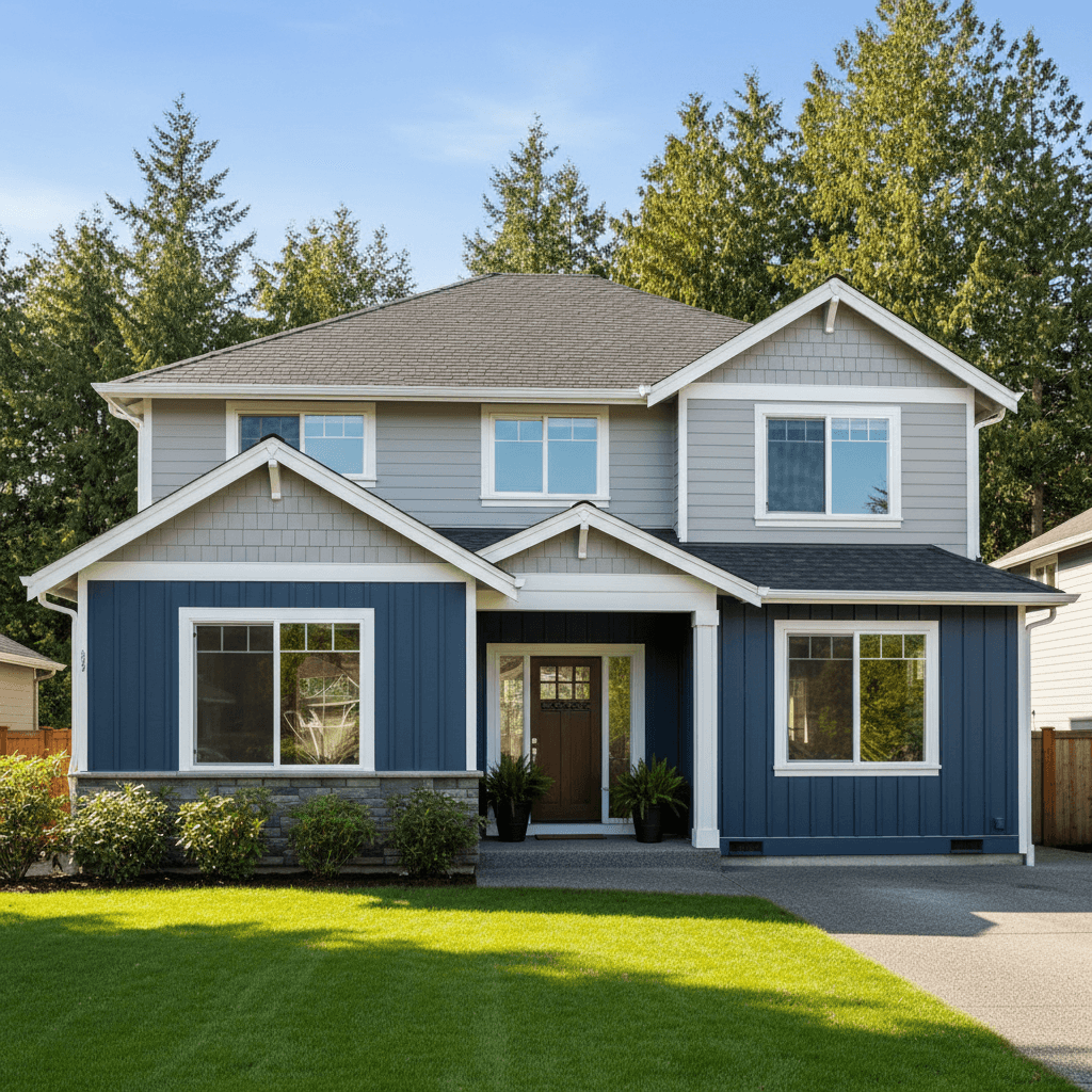 After: James Hardie fiber cement siding in Arctic White with Iron Gray trim